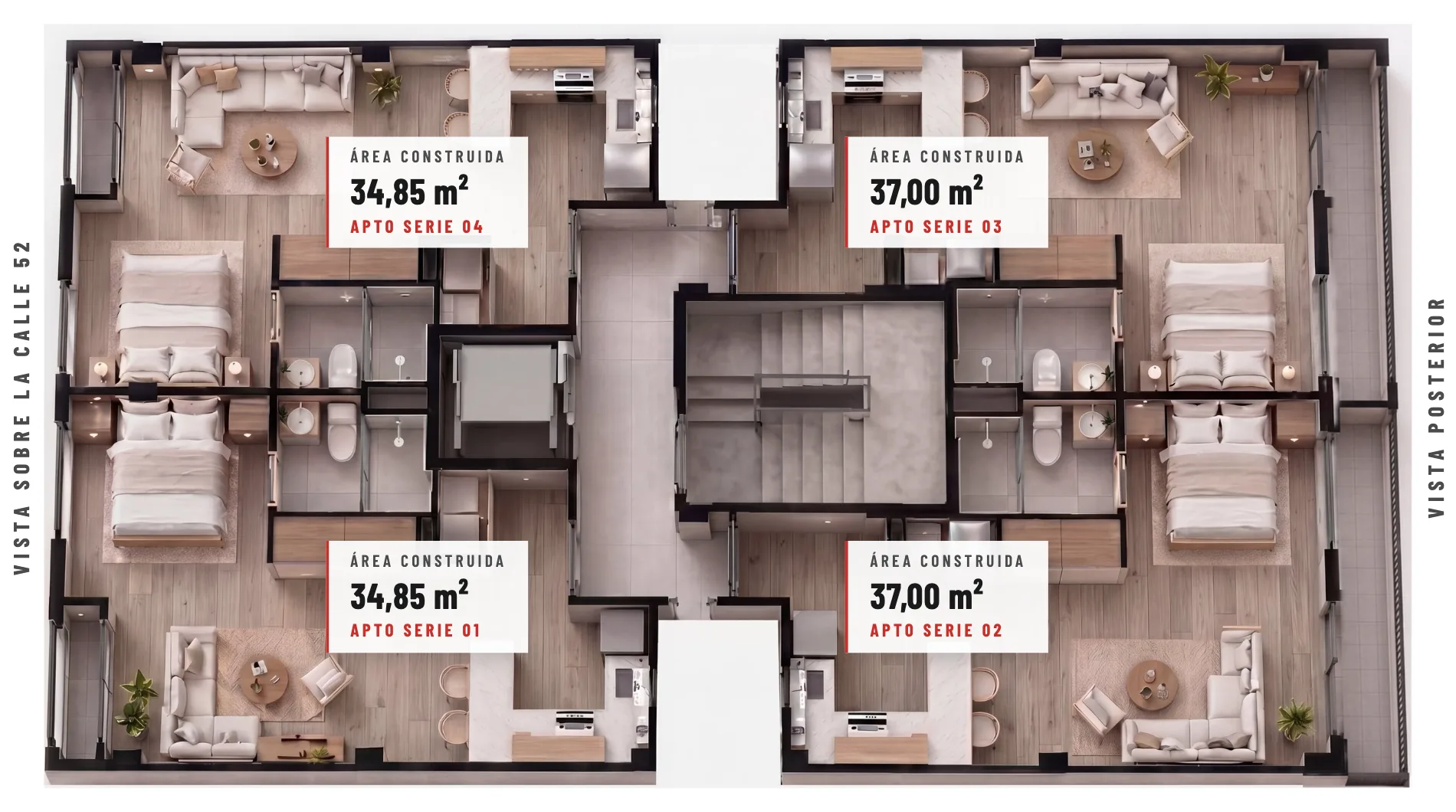 Planta del piso 2 de STREET 52, con cuatro apartamentos alrededor del punto fijo
